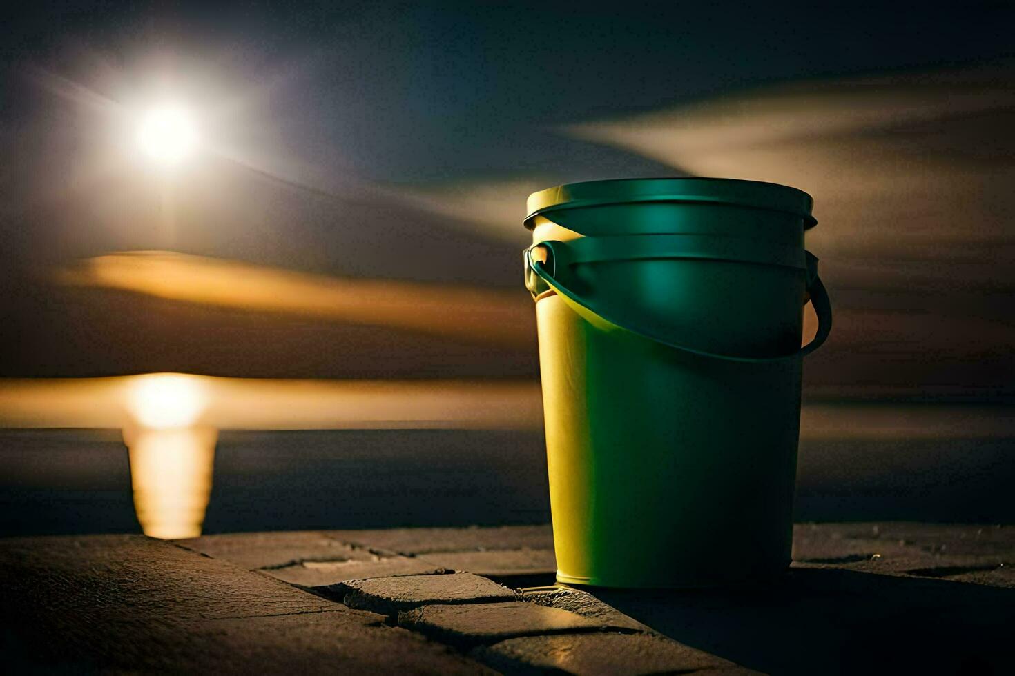 a green bucket sitting on the ground near the ocean. AI-Generated photo