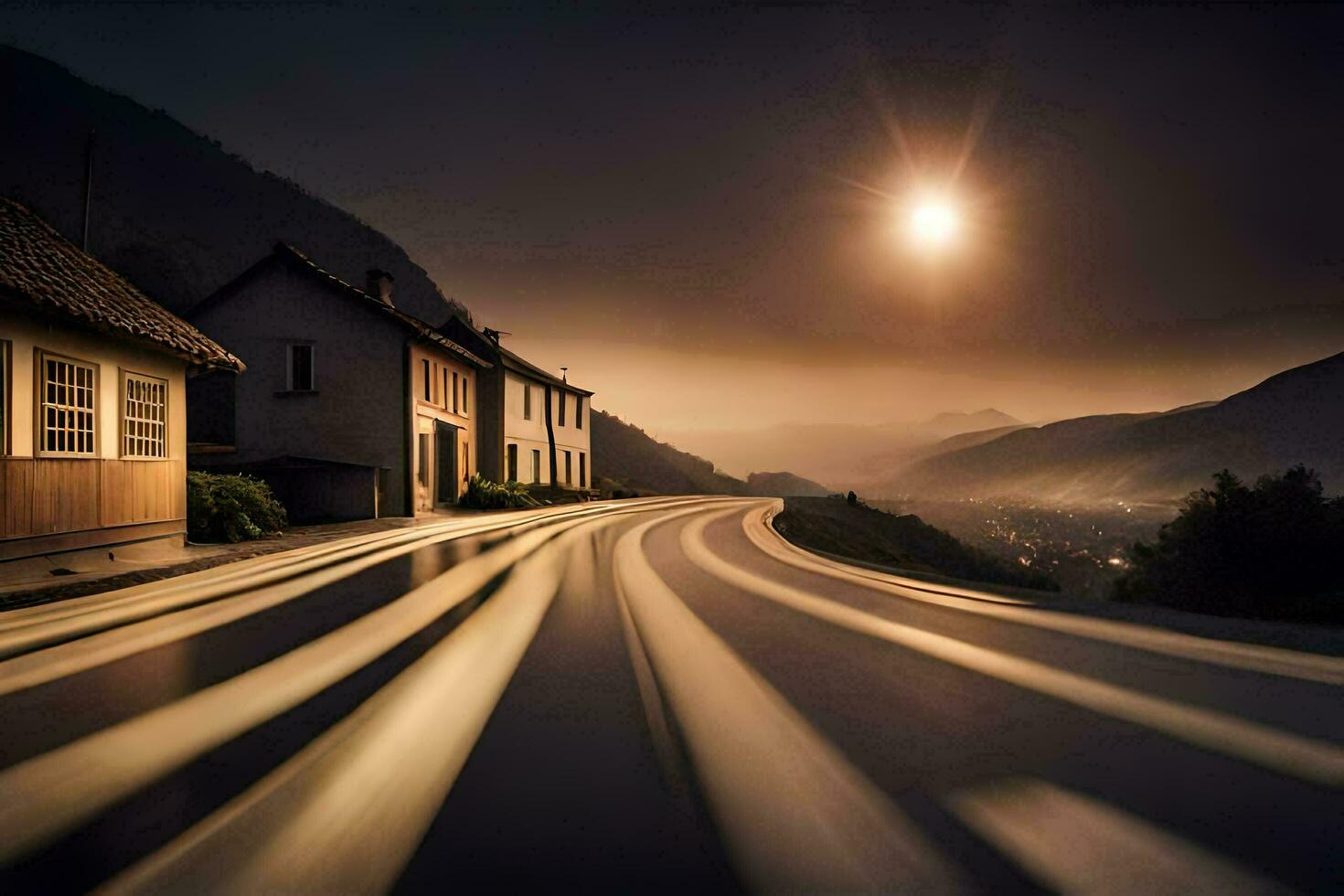 a long exposure photograph of a road at night. AI-Generated photo