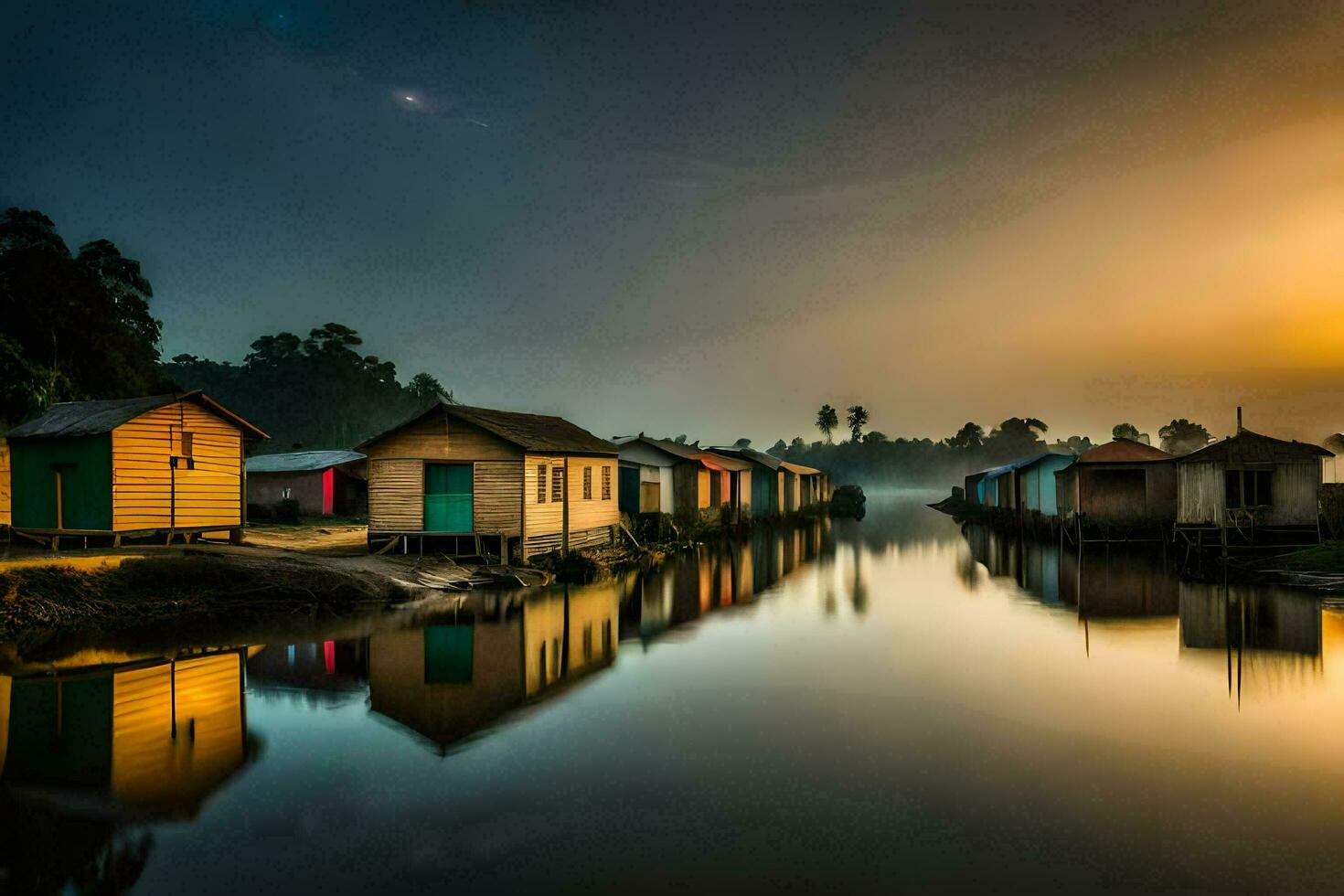 a river with houses on it at sunset. AI-Generated photo