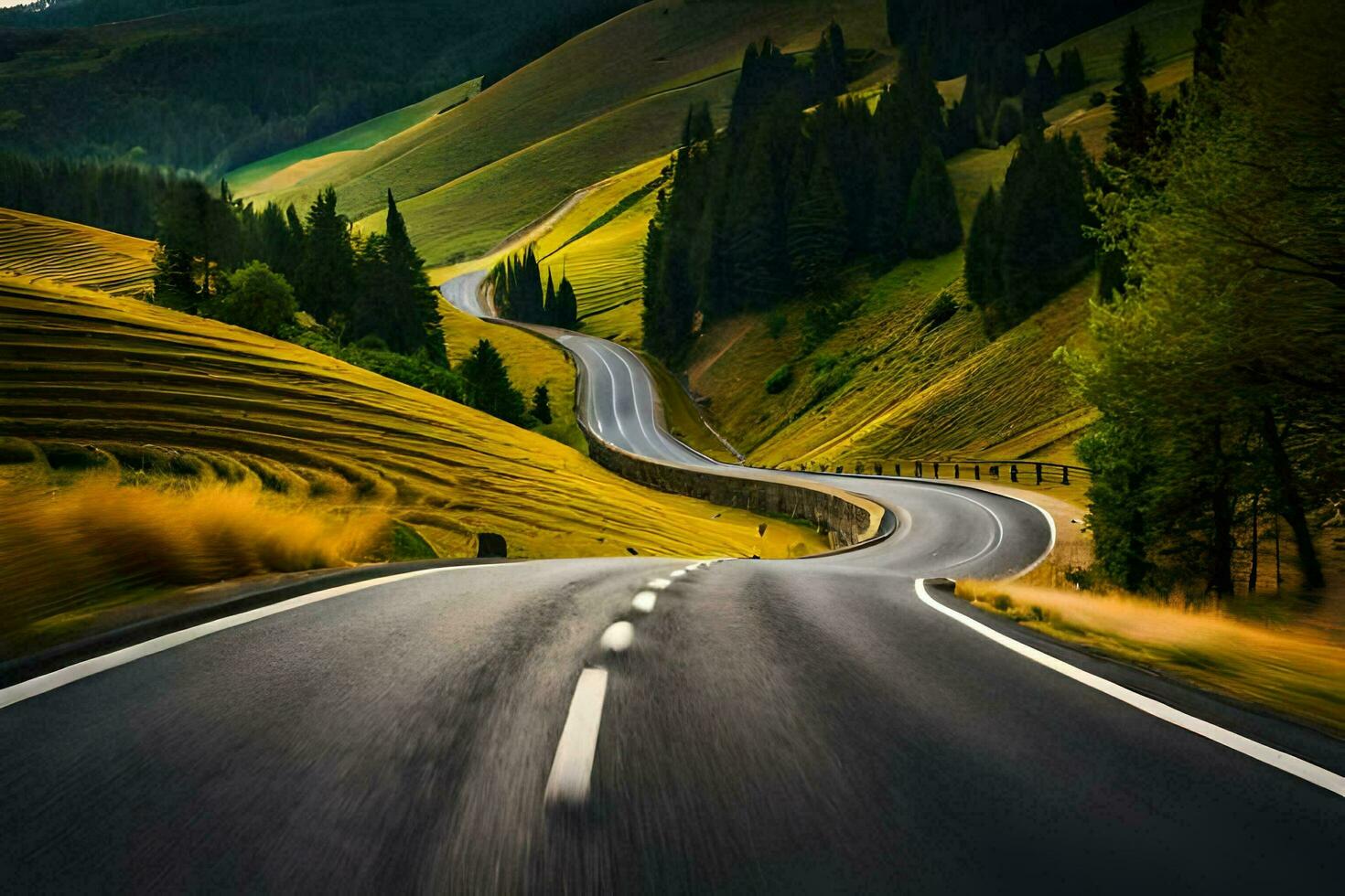 un largo devanado la carretera en el montañas. generado por ai foto