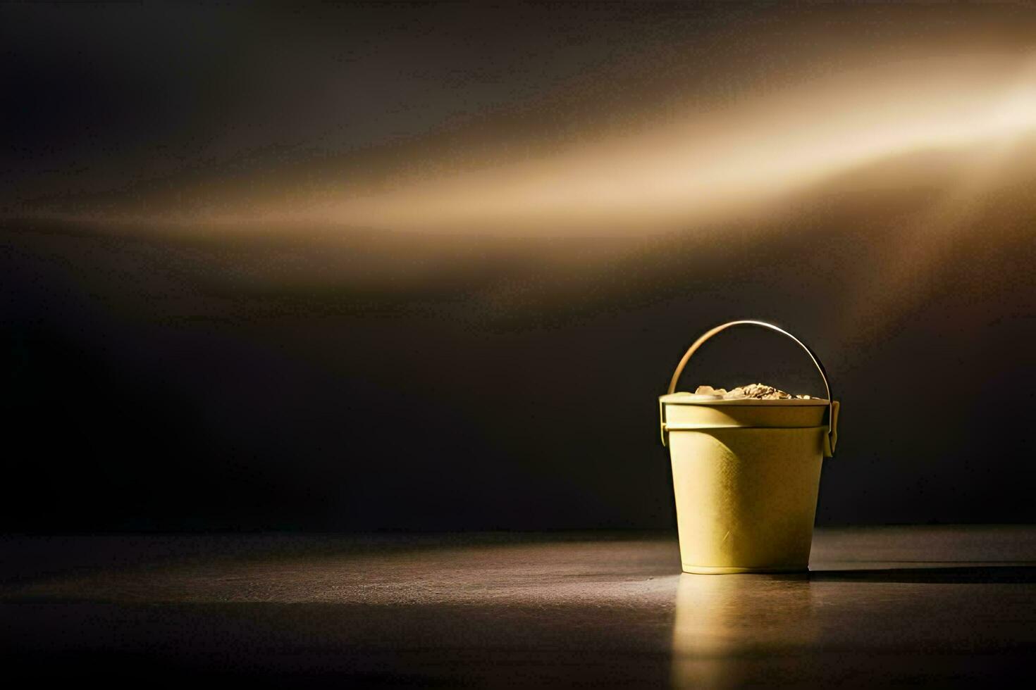 a yellow bucket sitting on a table in front of a dark background. AI-Generated photo