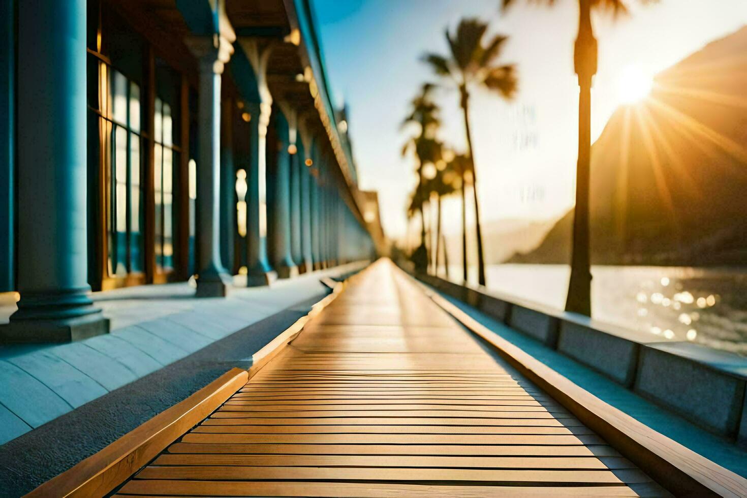 a wooden walkway leading to the ocean by the water. AI-Generated photo