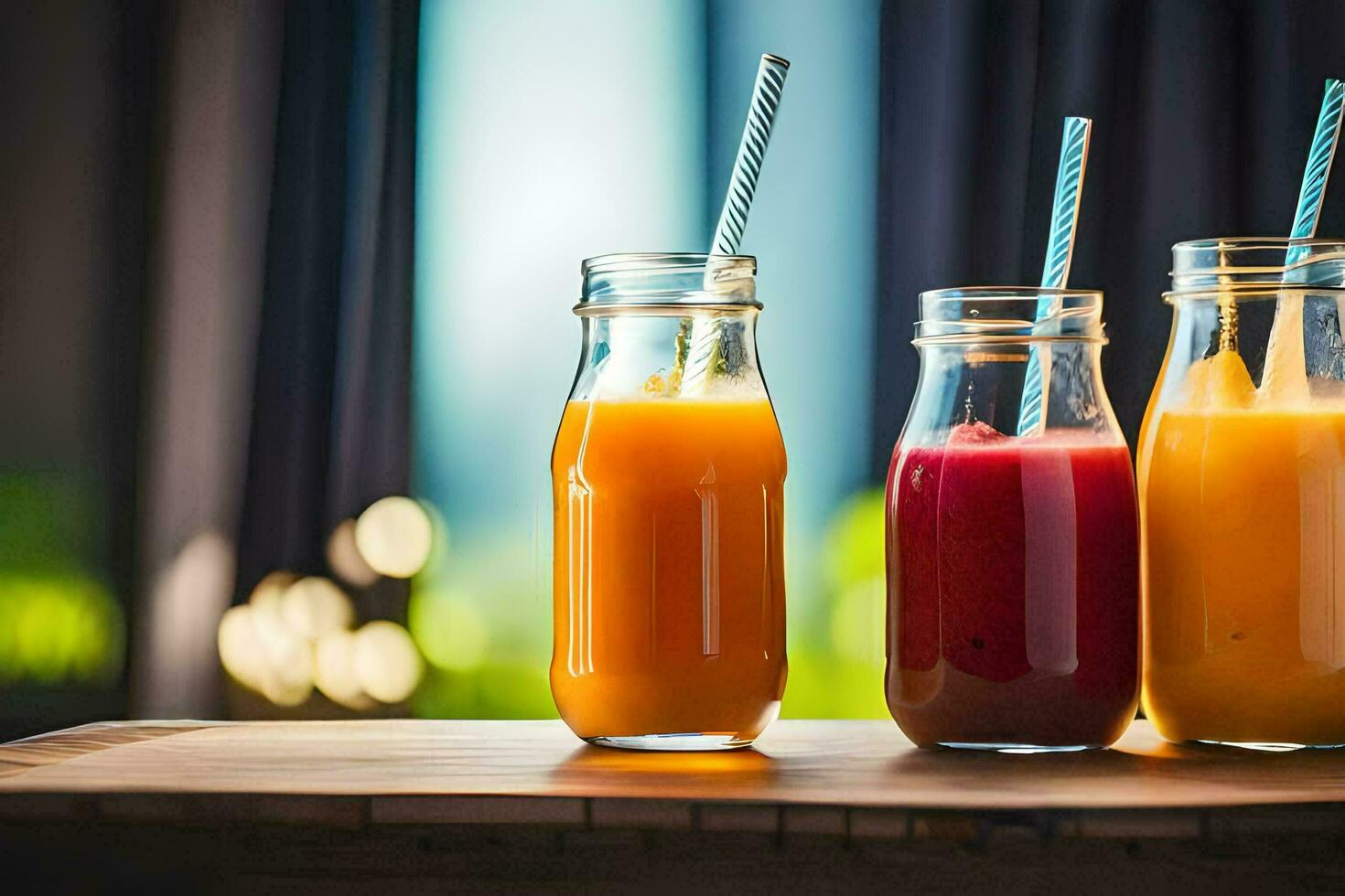 three different types of juice in glass bottles. AIGenerated 34358894