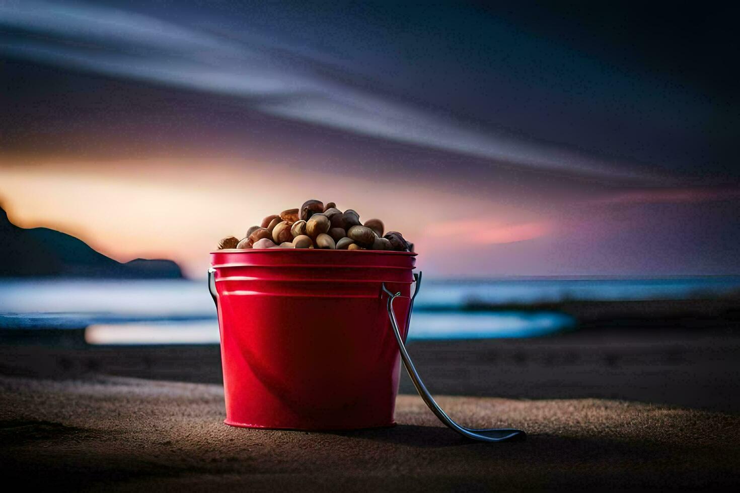 a bucket of nuts on the beach. AI-Generated photo