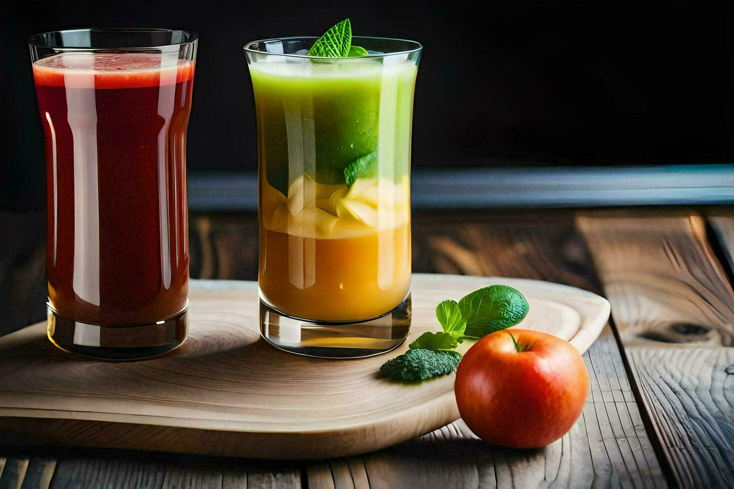 two glasses of juice with an apple and a mint. AI-Generated photo