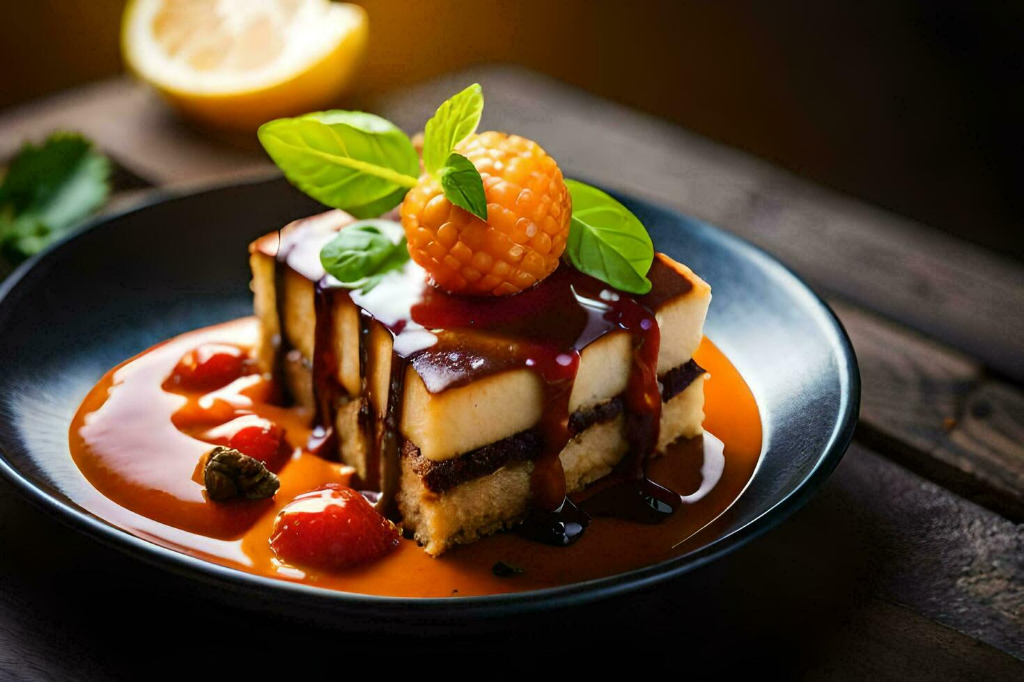 a piece of cake with syrup and berries on a black plate. AI-Generated photo
