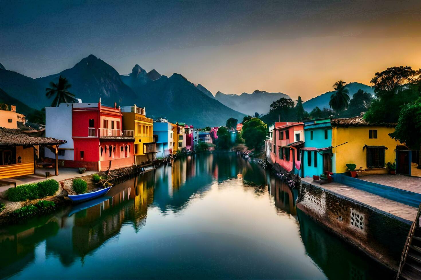 colorful houses line the banks of a river. AI-Generated photo