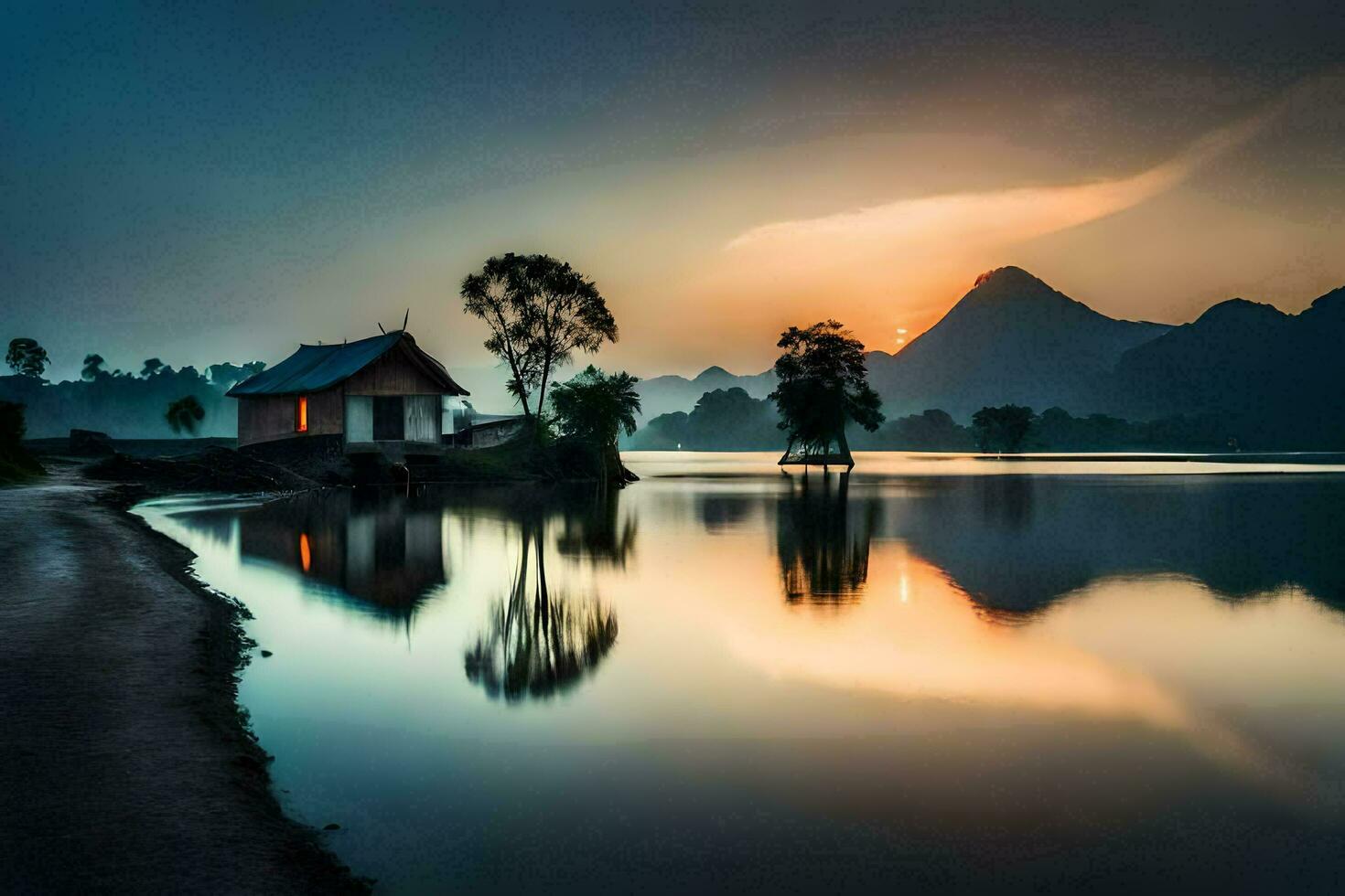 a small house sits on the shore of a lake at sunset. AI-Generated photo