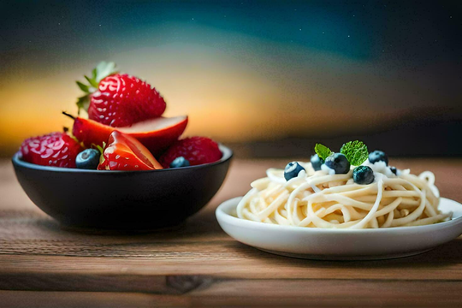 the food is a plate of pasta with strawberries and blueberries. AI-Generated photo