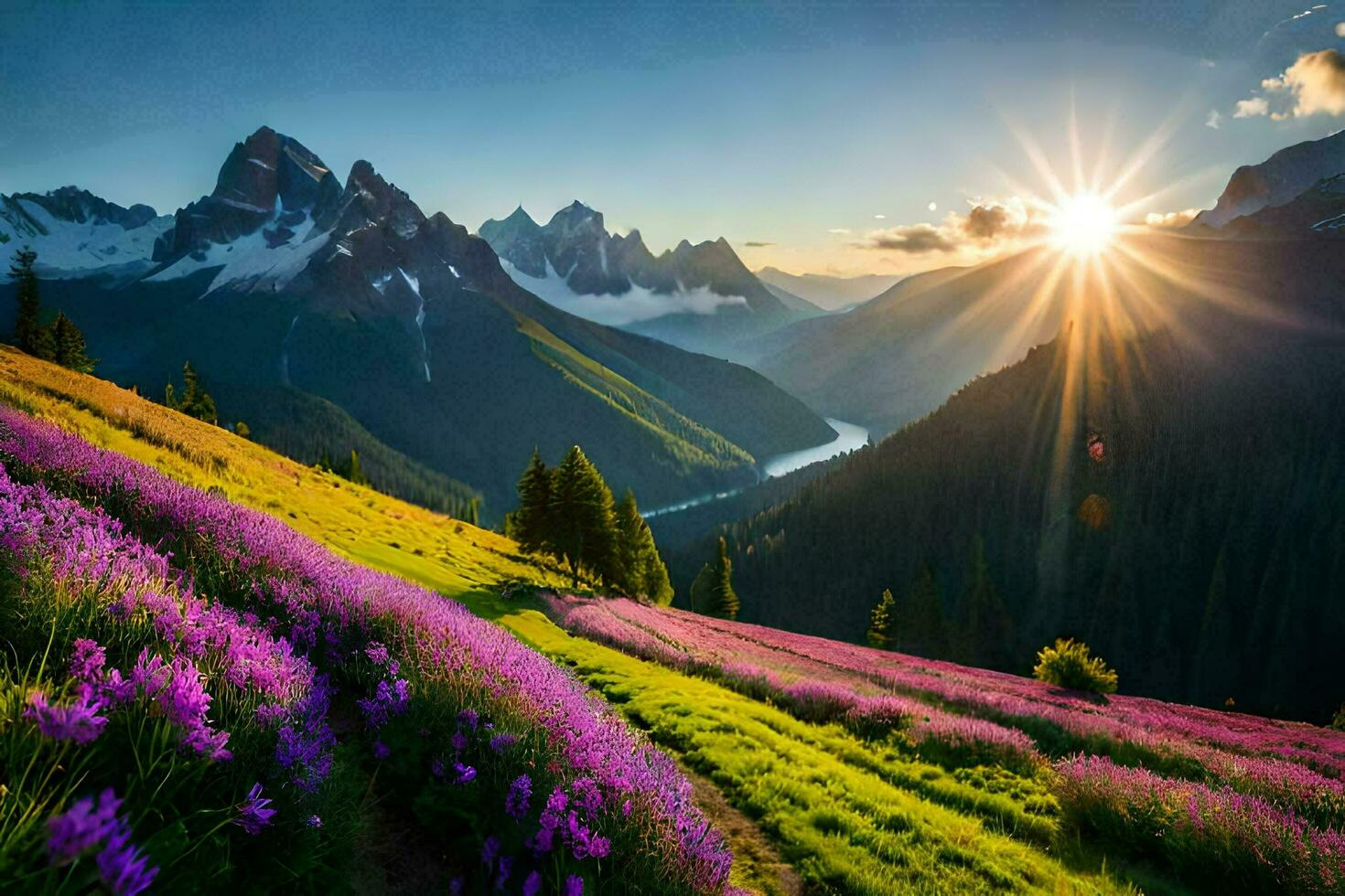 the sun rises over the mountains and flowers in the foreground. AI-Generated photo