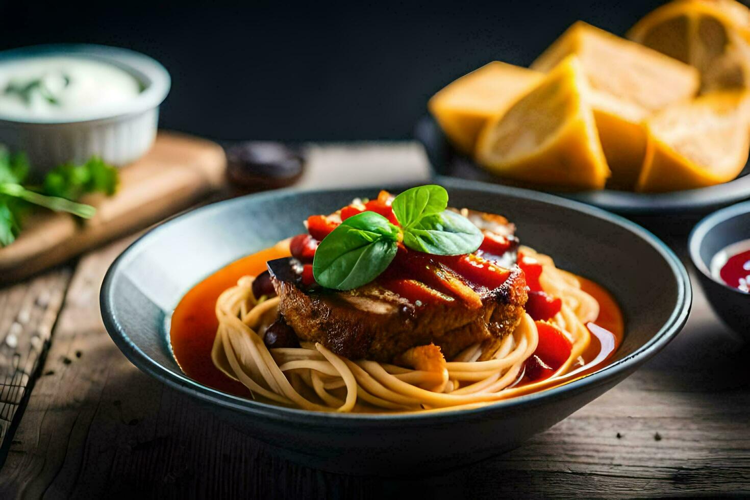 the food is served in a bowl with a fork and spoon. AI-Generated photo