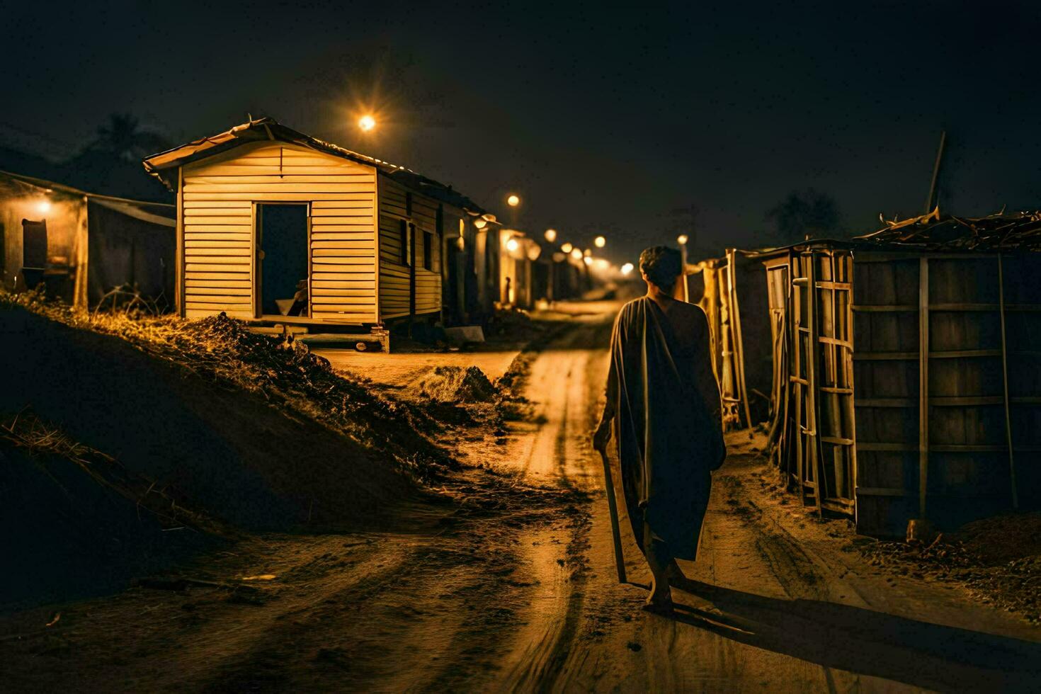 a man walks down a dirt road at night with a stick. AI-Generated photo