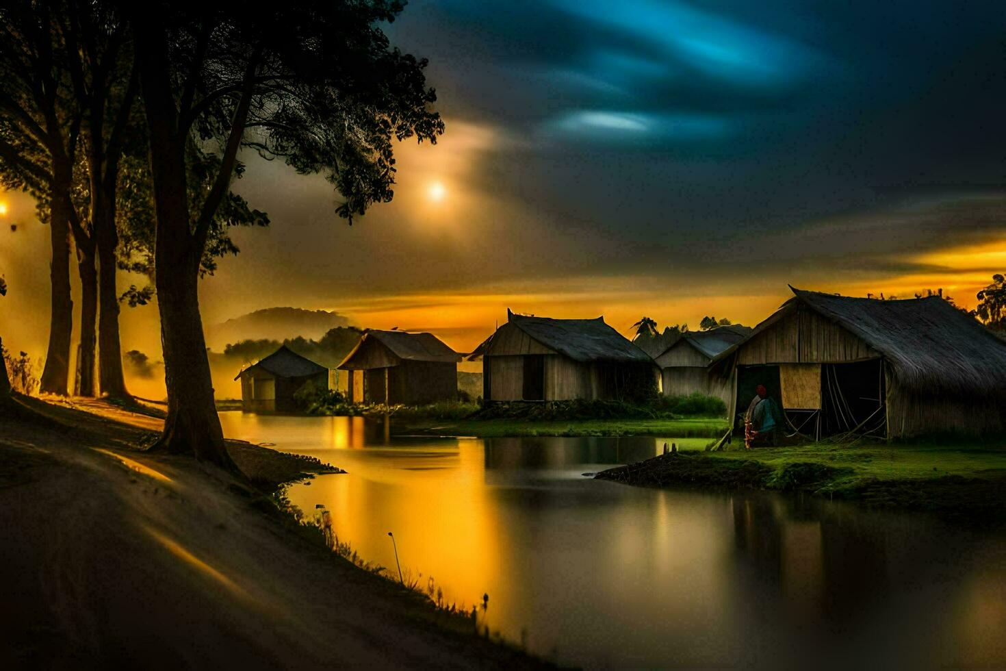 photo wallpaper the sky, water, trees, the moon, the sun, the water, the. AI-Generated
