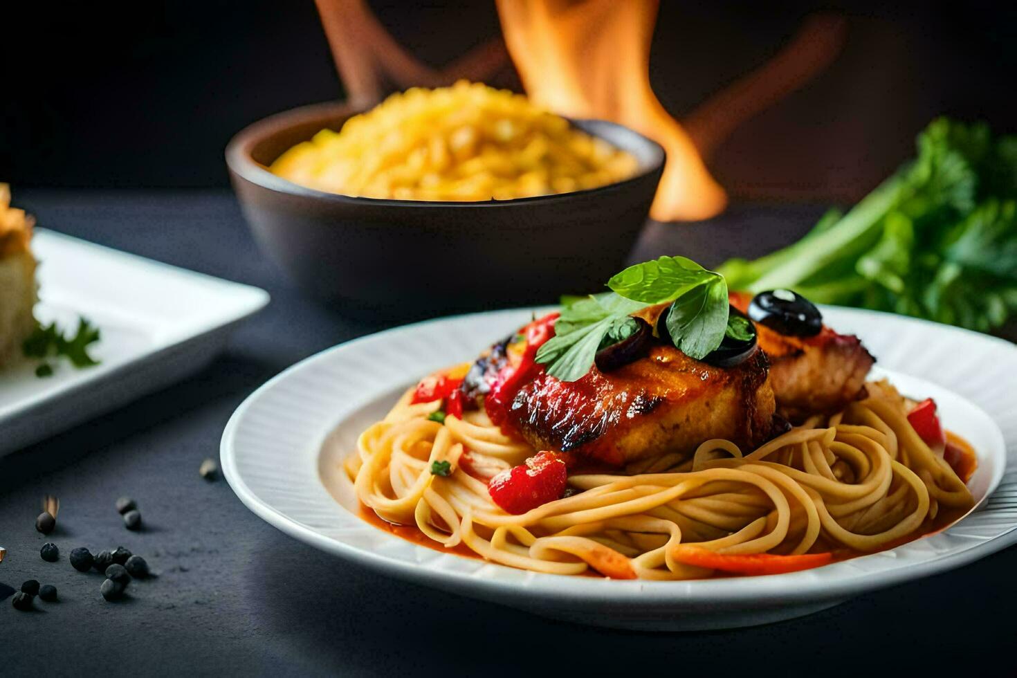 the food is served on a plate with a fork and a knife. AI-Generated photo
