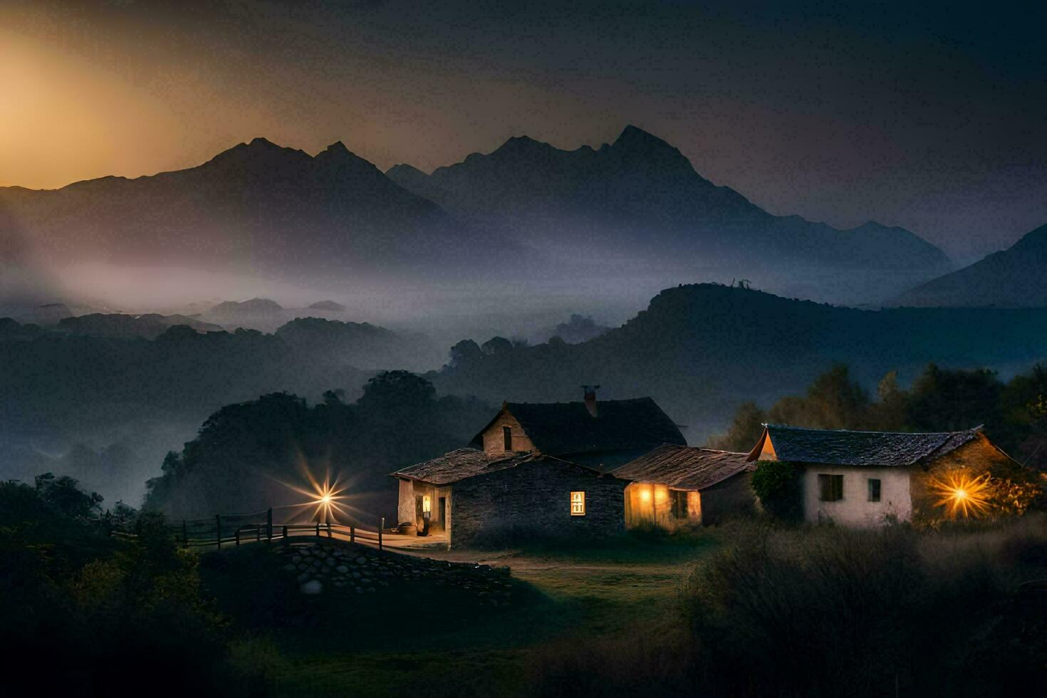 photo wallpaper the sky, mountains, house, the sun, the mountains, the house, the. AI-Generated