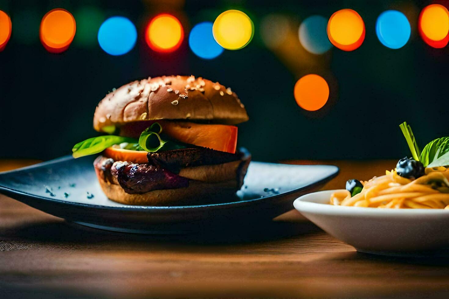 a plate with a burger and a bowl of pasta. AI-Generated photo