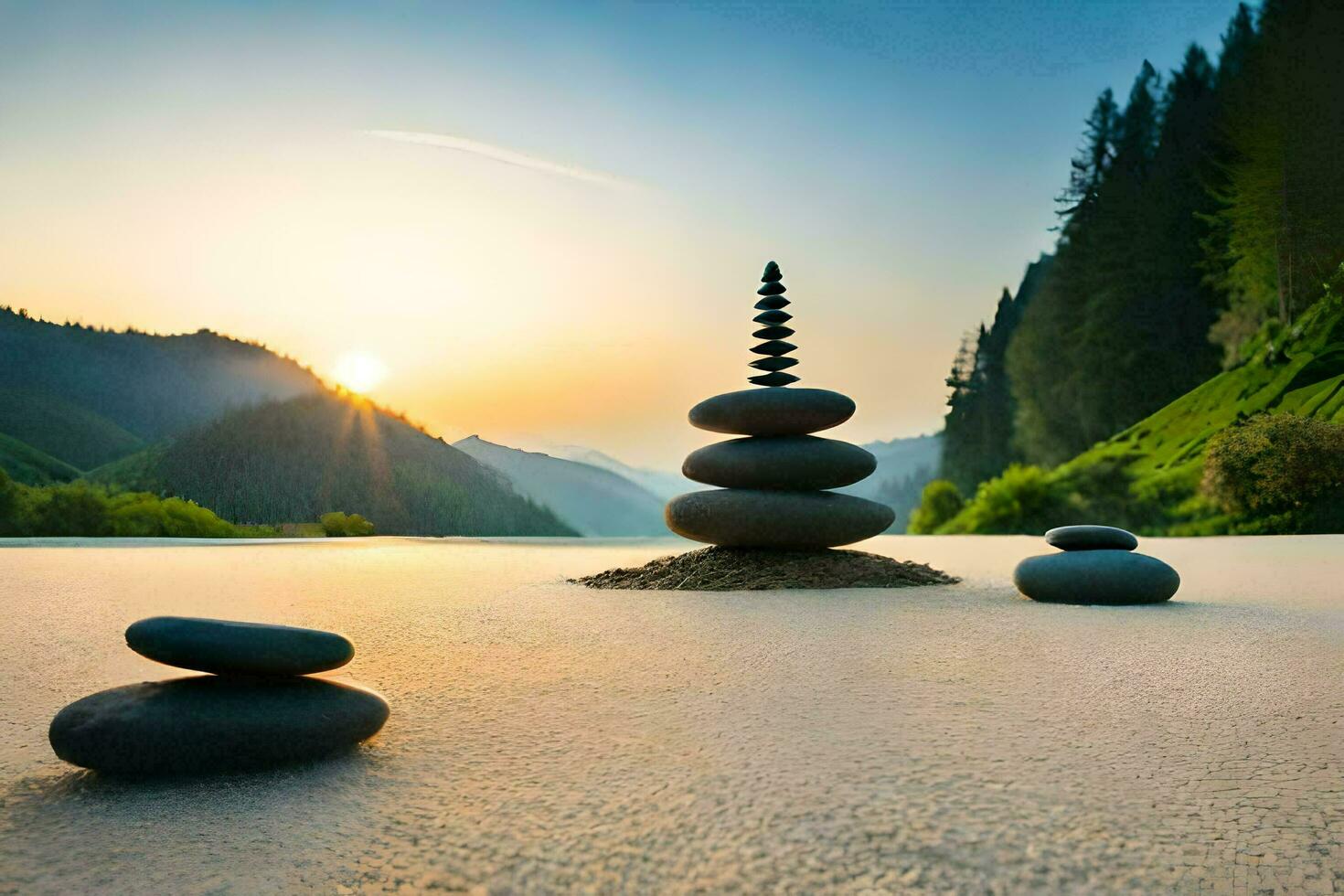 the sun sets over a lake with stones stacked on the sand. AI-Generated photo