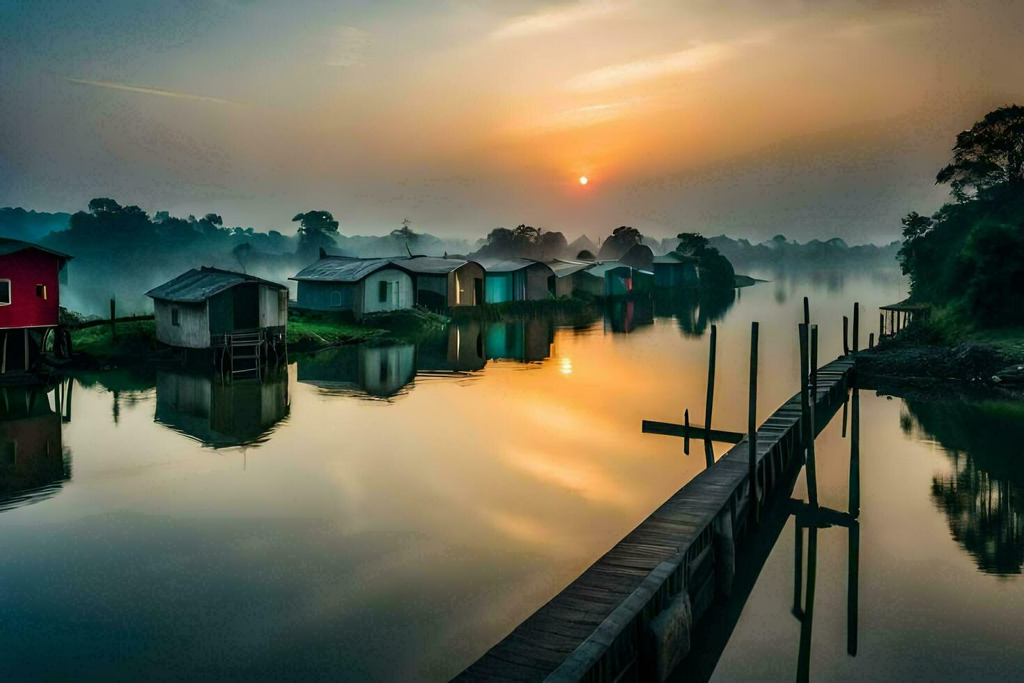 the sunrise over the water in a village. AI-Generated photo