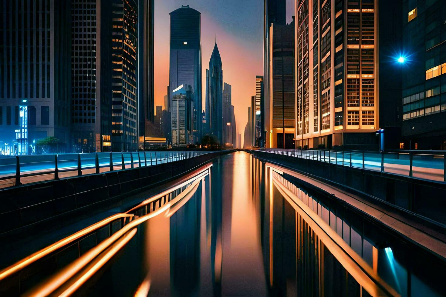 a city street at night with lights on the water. AI-Generated photo