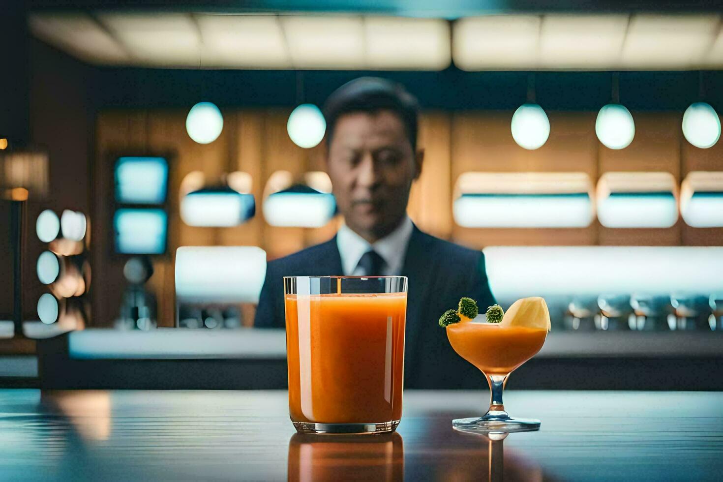 a man in a suit is standing behind a bar with a drink. AI-Generated photo