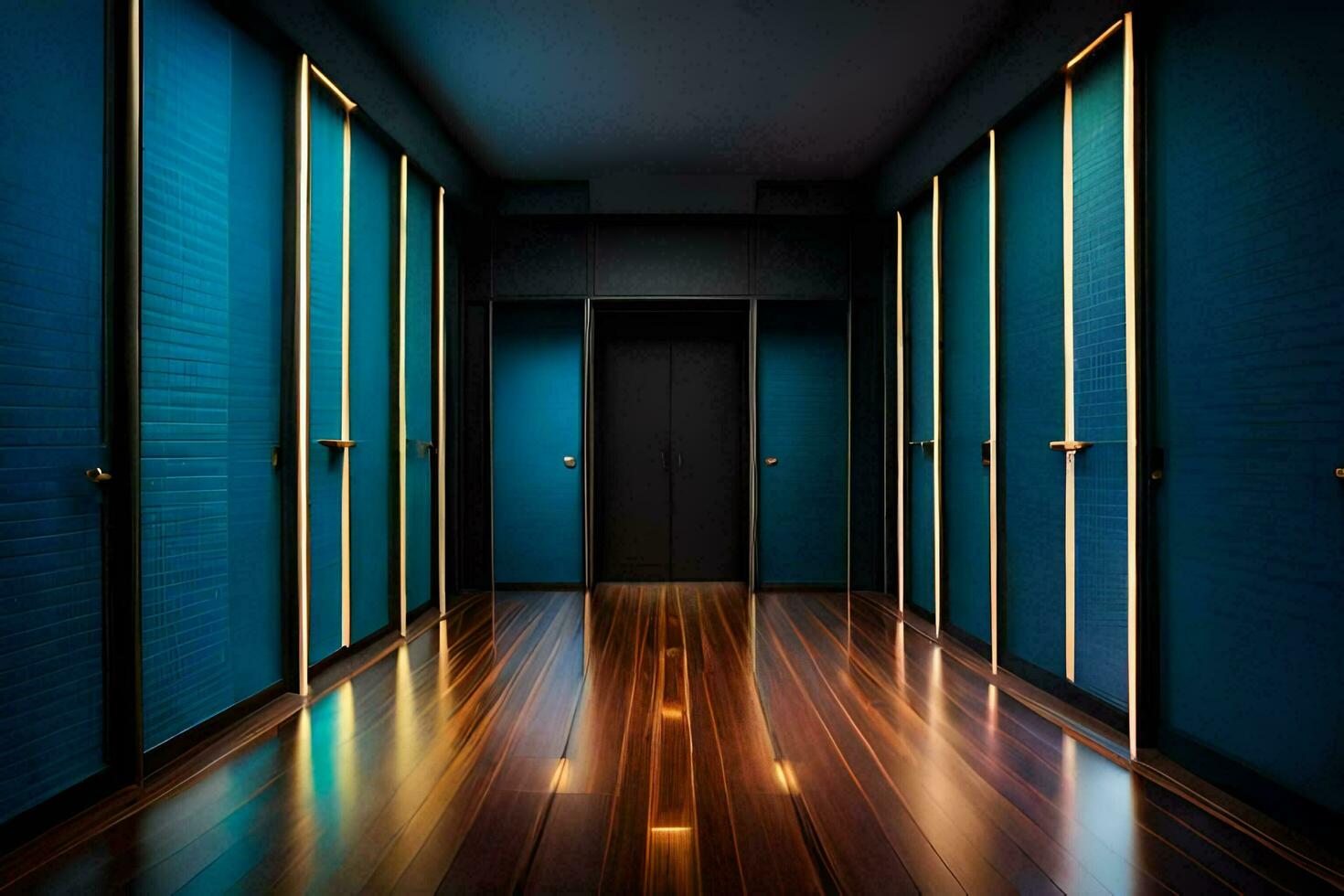 a hallway with blue doors and wooden floors. AI-Generated photo