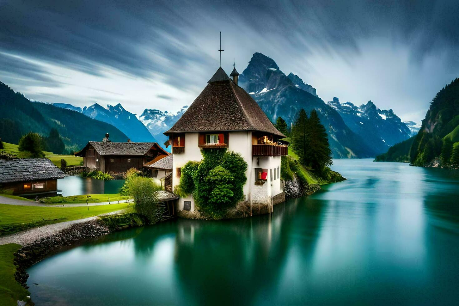 a beautiful house sits on the edge of a lake. AI-Generated photo