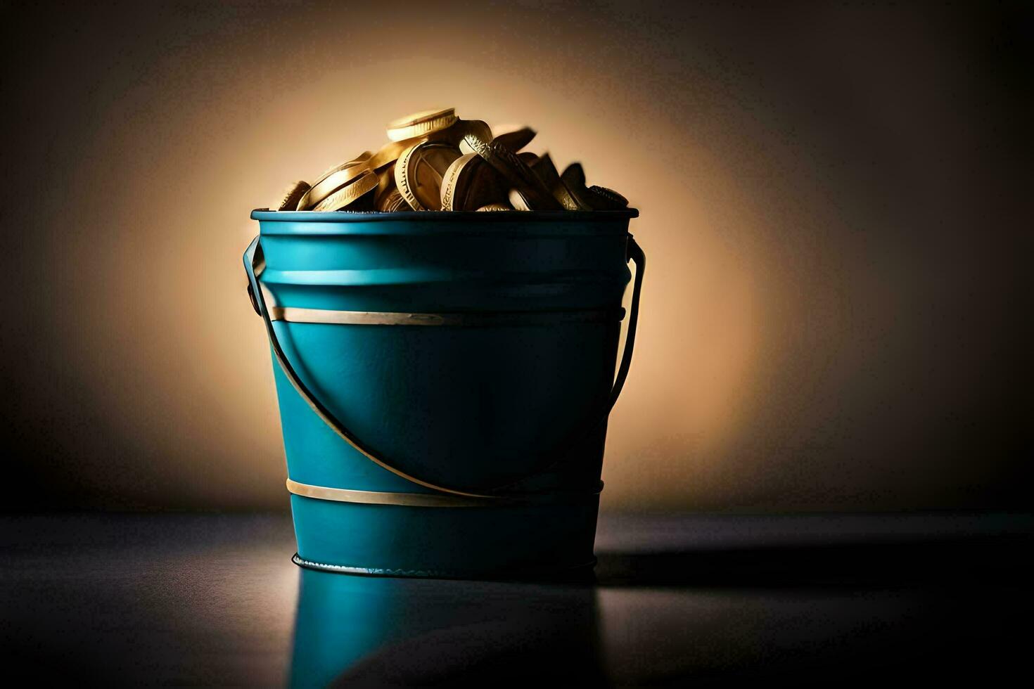 a bucket filled with gold coins on a dark background. AI-Generated photo