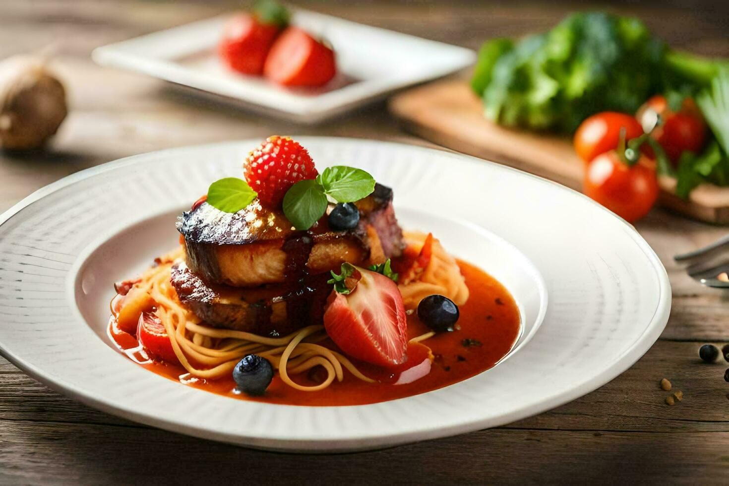 a plate of food with meat, tomatoes and strawberries. AI-Generated photo