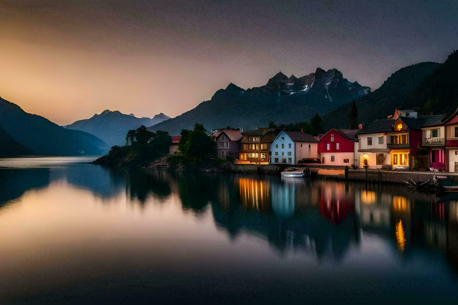 a beautiful sunset over a lake with houses and mountains. AI-Generated photo