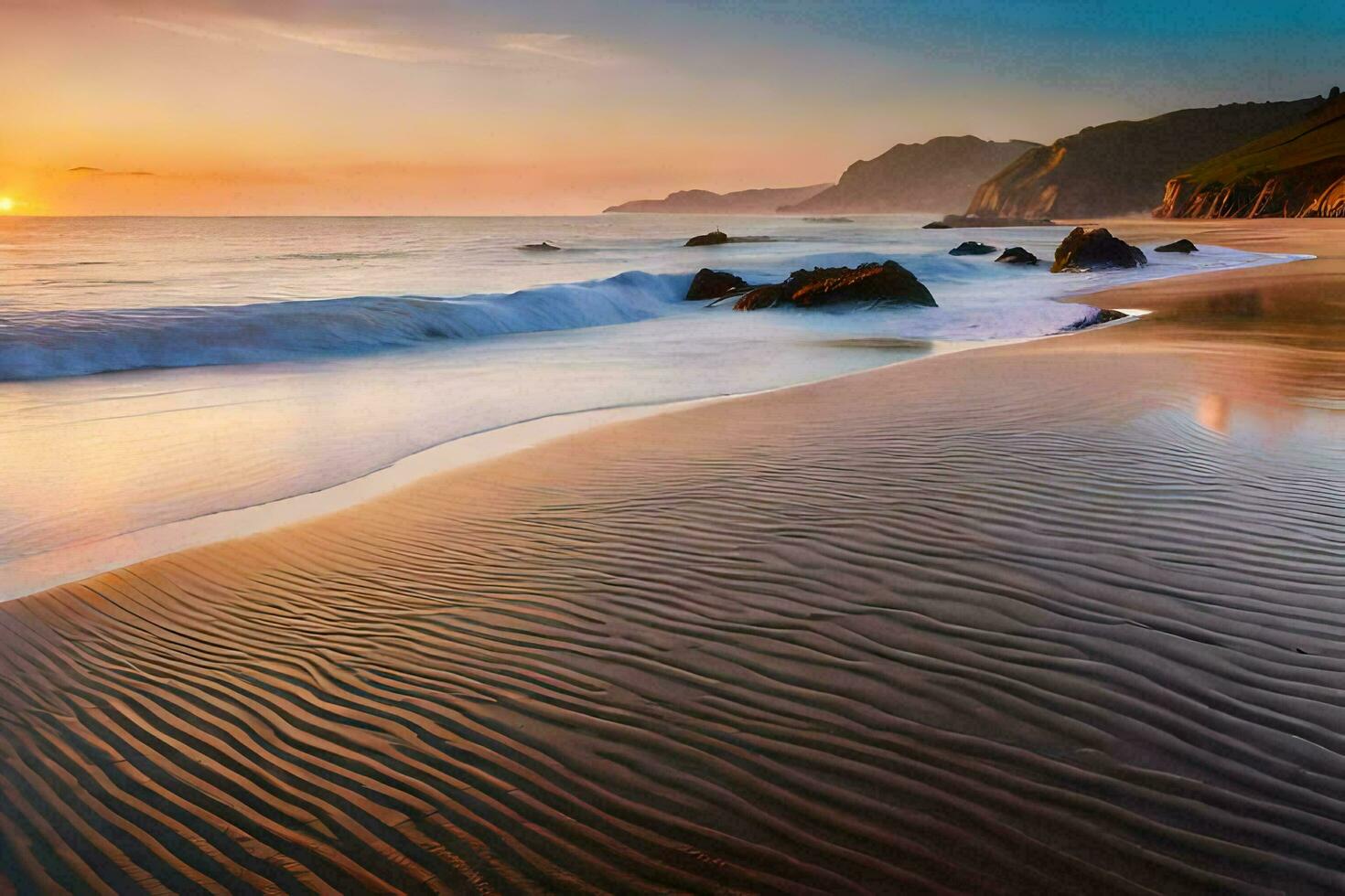 puesta de sol en el playa con olas y rocas generado por ai foto