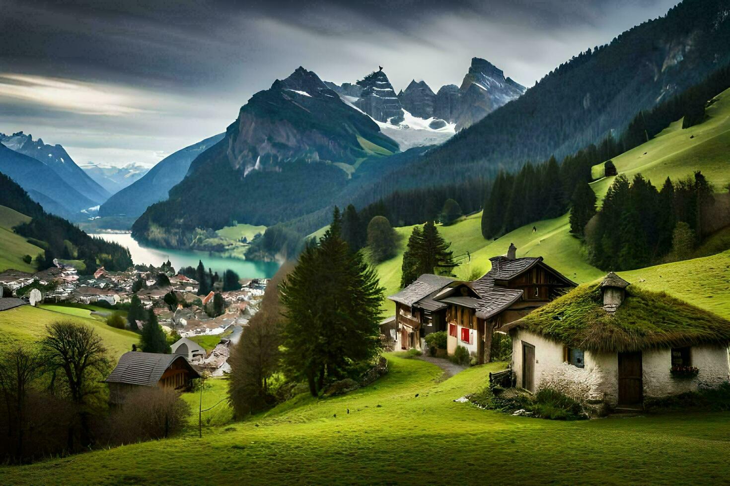 a small village in the mountains with green grass and mountains. AI-Generated photo
