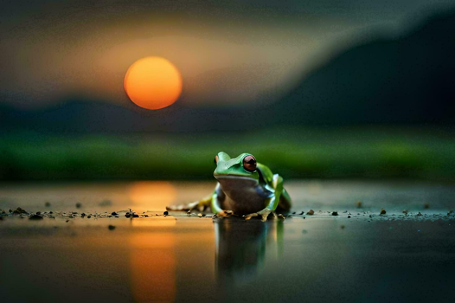a frog sitting on the ground at sunset. AI-Generated photo