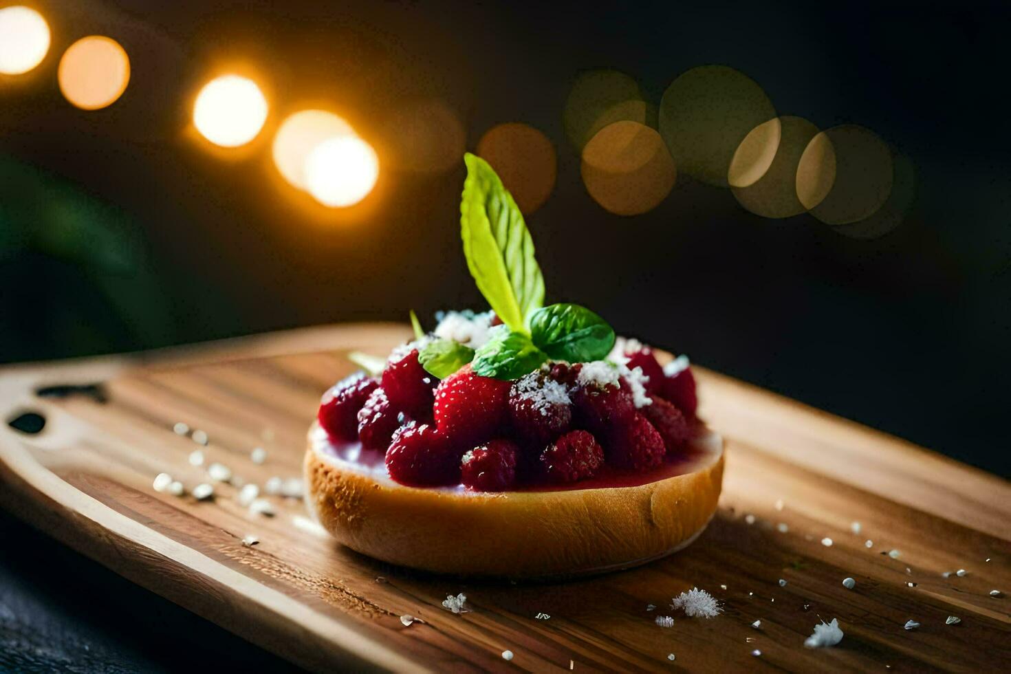 a dessert with raspberries and mint on a wooden board. AI-Generated photo