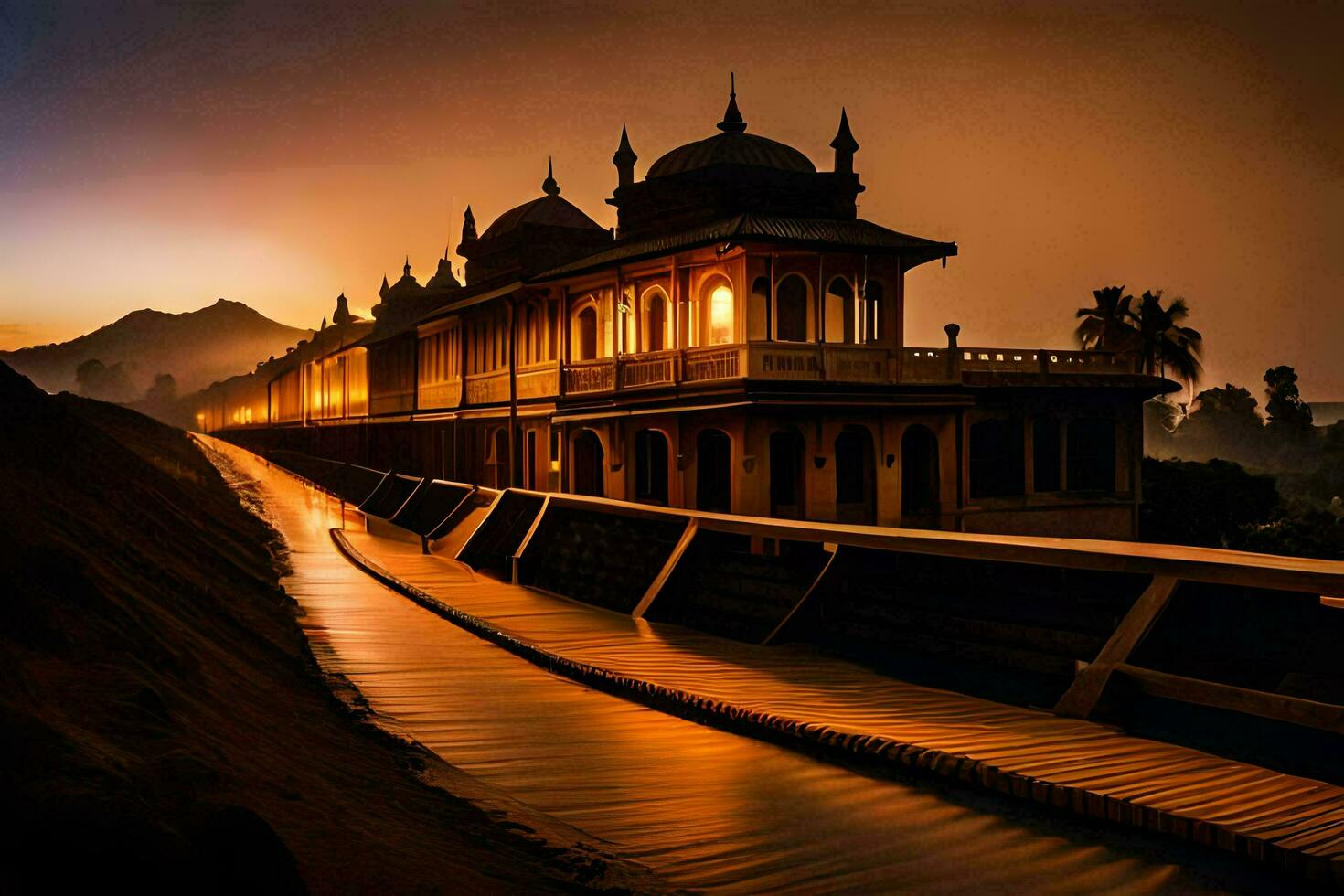 a long bridge with a building in the background. AI-Generated photo