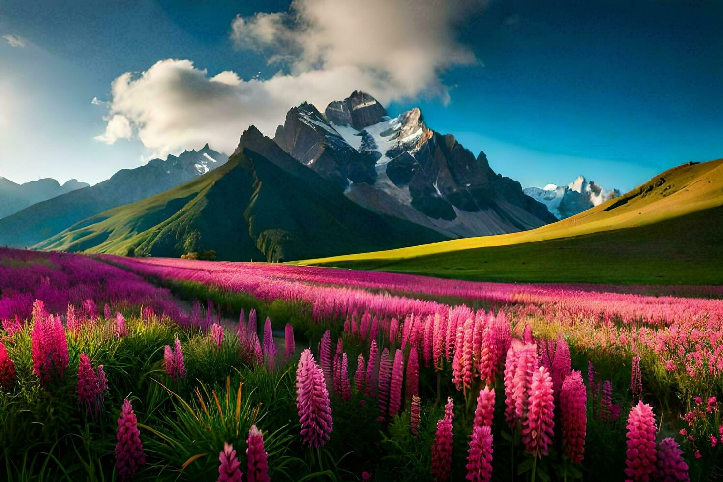 the lupine field in the mountains. AI-Generated photo