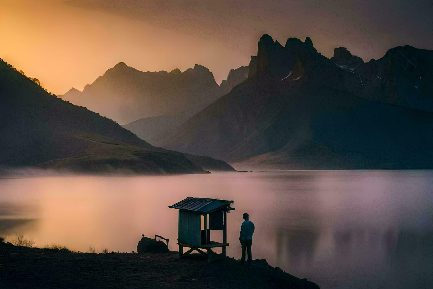 a man stands at the edge of a lake at sunset. AI-Generated photo