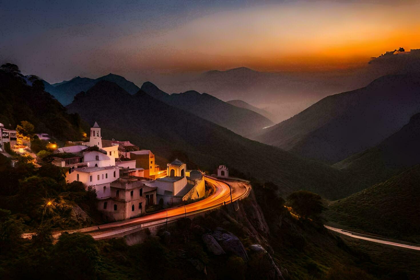 un pueblo en el montañas a puesta de sol. generado por ai foto