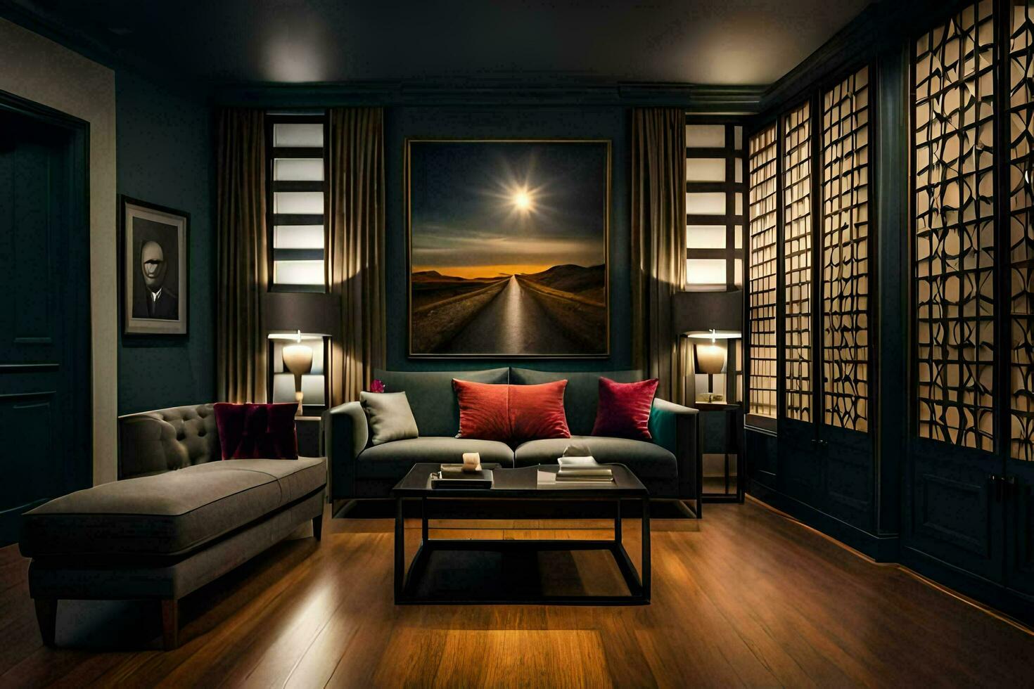 a living room with dark blue walls and wooden floors. AI-Generated photo