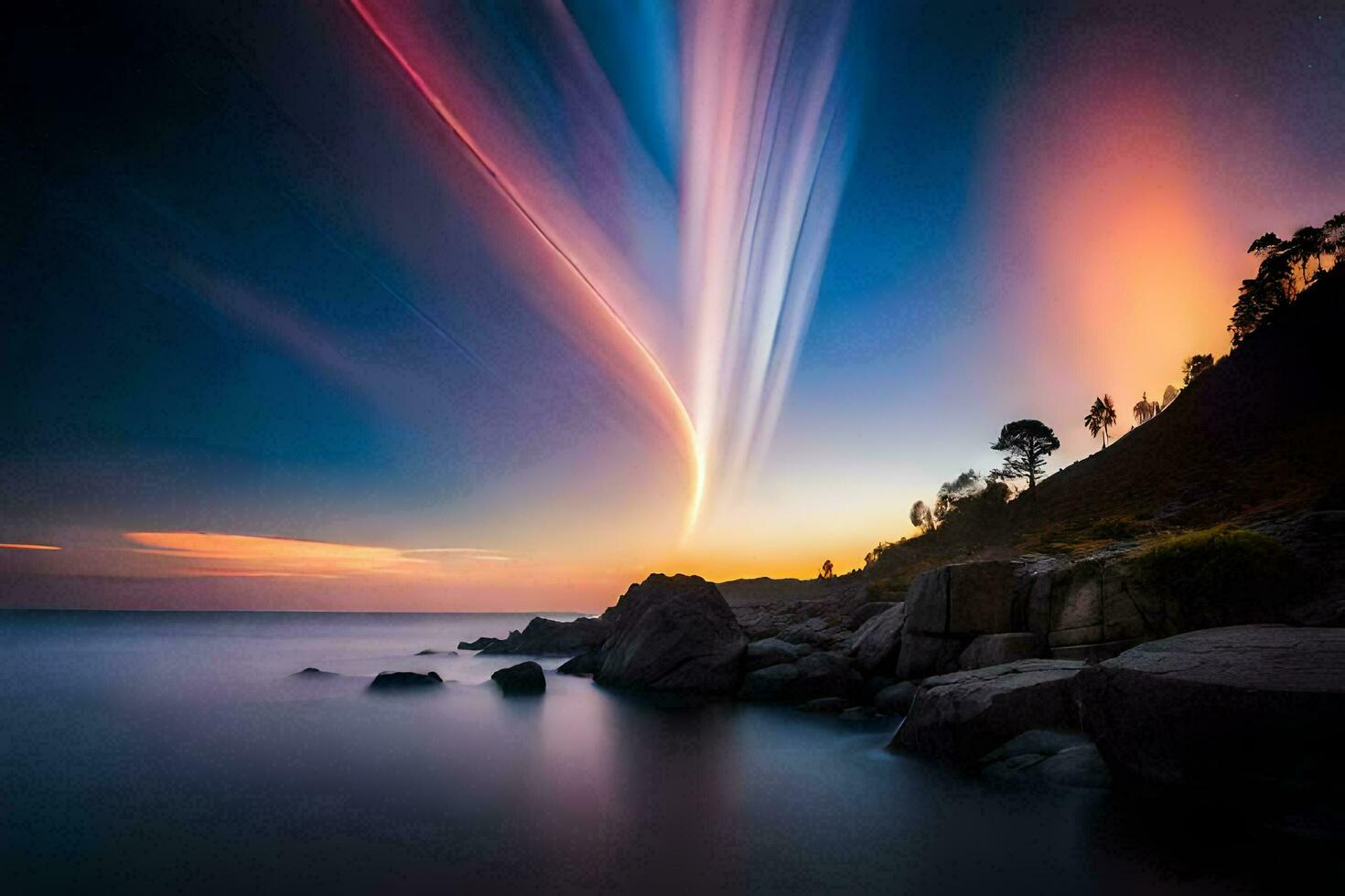 a long exposure photograph of a bright light trail over the ocean. AI-Generated photo