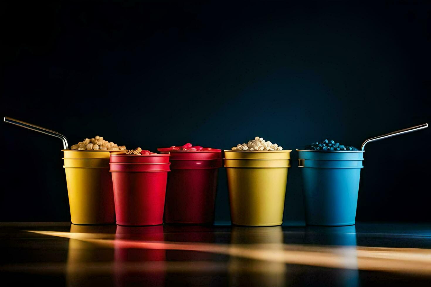 a row of colorful cups with a spoon. AI-Generated photo