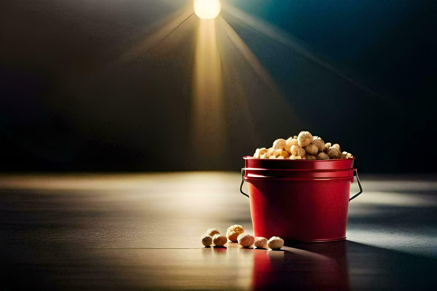 a bucket of peanuts on a table with a spotlight. AI-Generated photo
