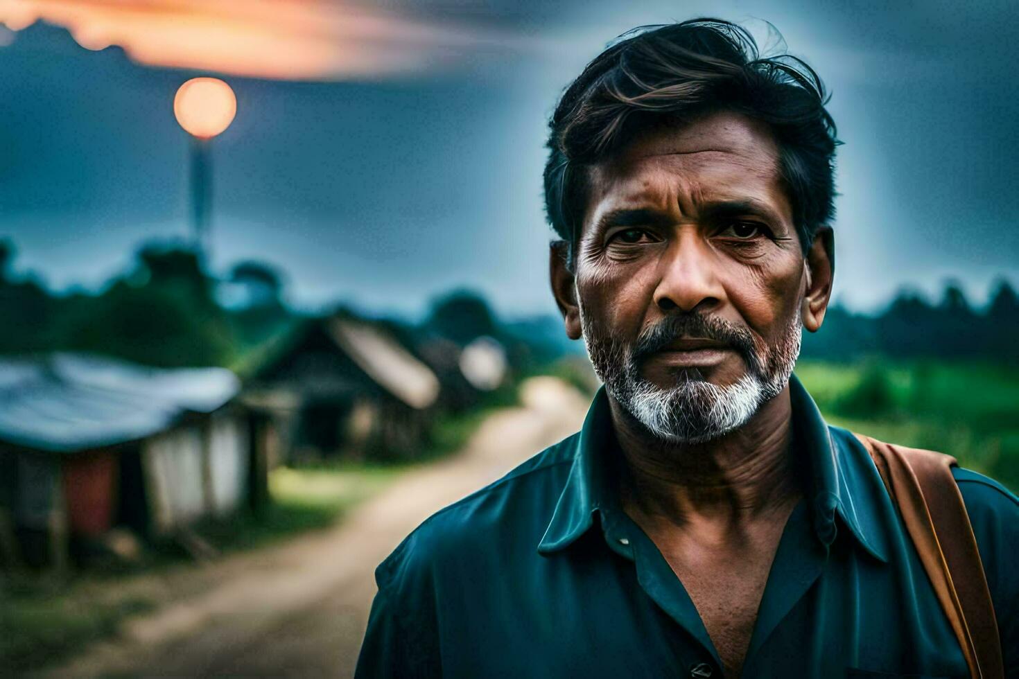a man standing in front of a village. AI-Generated photo