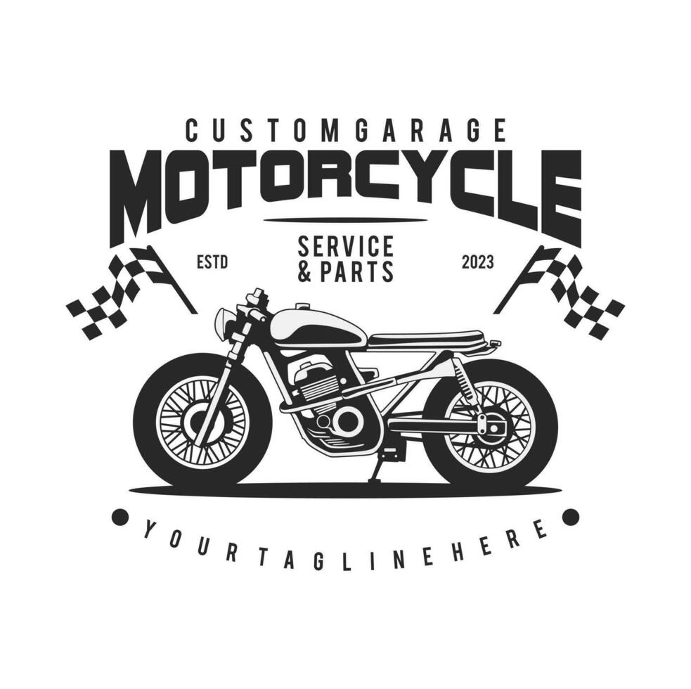 motorcycle custom garage illustration, motorcycle service and parts. vintage custom motorcycle emblems, labels, badges, logos, prints, templates. vector
