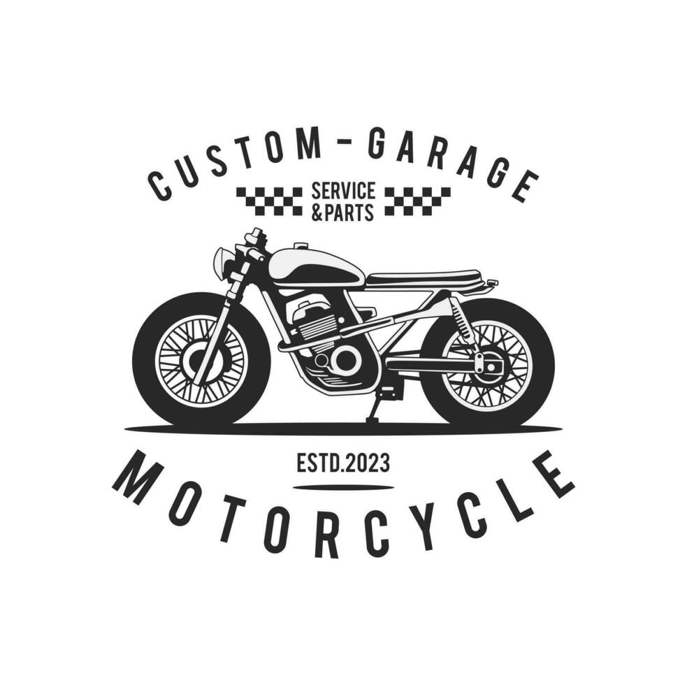 motorcycle custom garage illustration, motorcycle service and parts. vintage custom motorcycle emblems, labels, badges, logos, prints, templates. vector