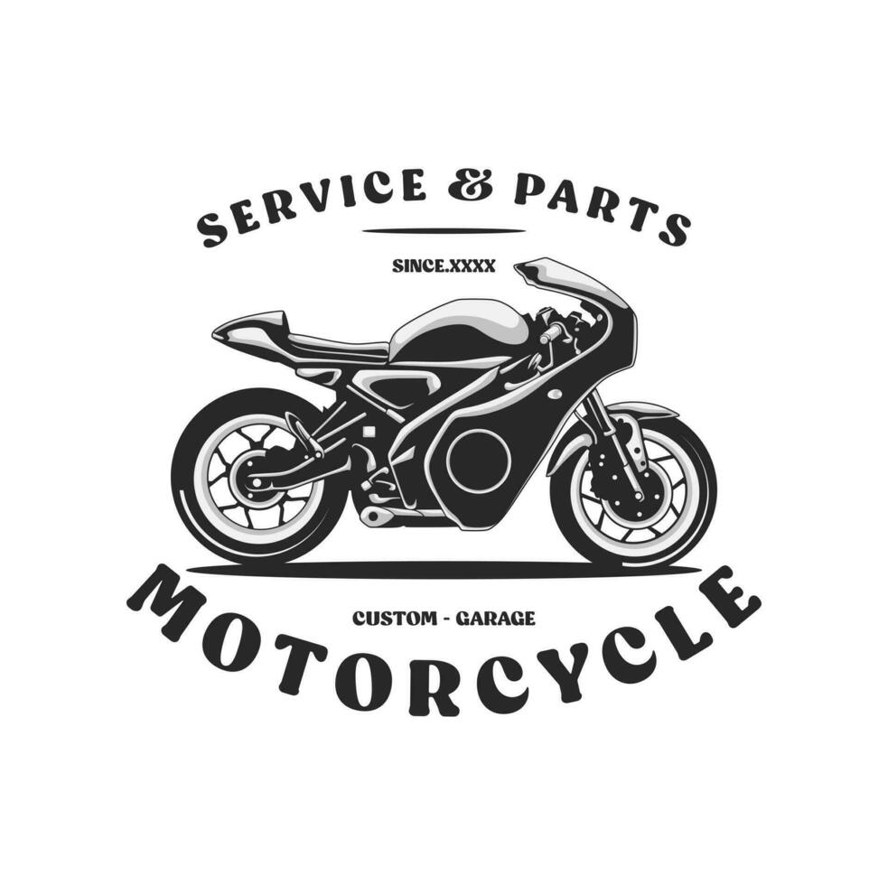 motorcycle custom garage illustration, motorcycle service and parts. vintage custom motorcycle emblems, labels, badges, logos, prints, templates. vector