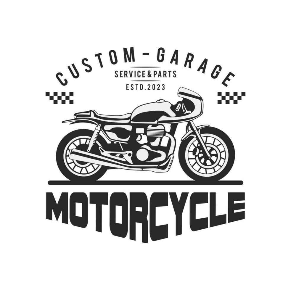 motorcycle custom garage illustration, motorcycle service and parts. vintage custom motorcycle emblems, labels, badges, logos, prints, templates. vector