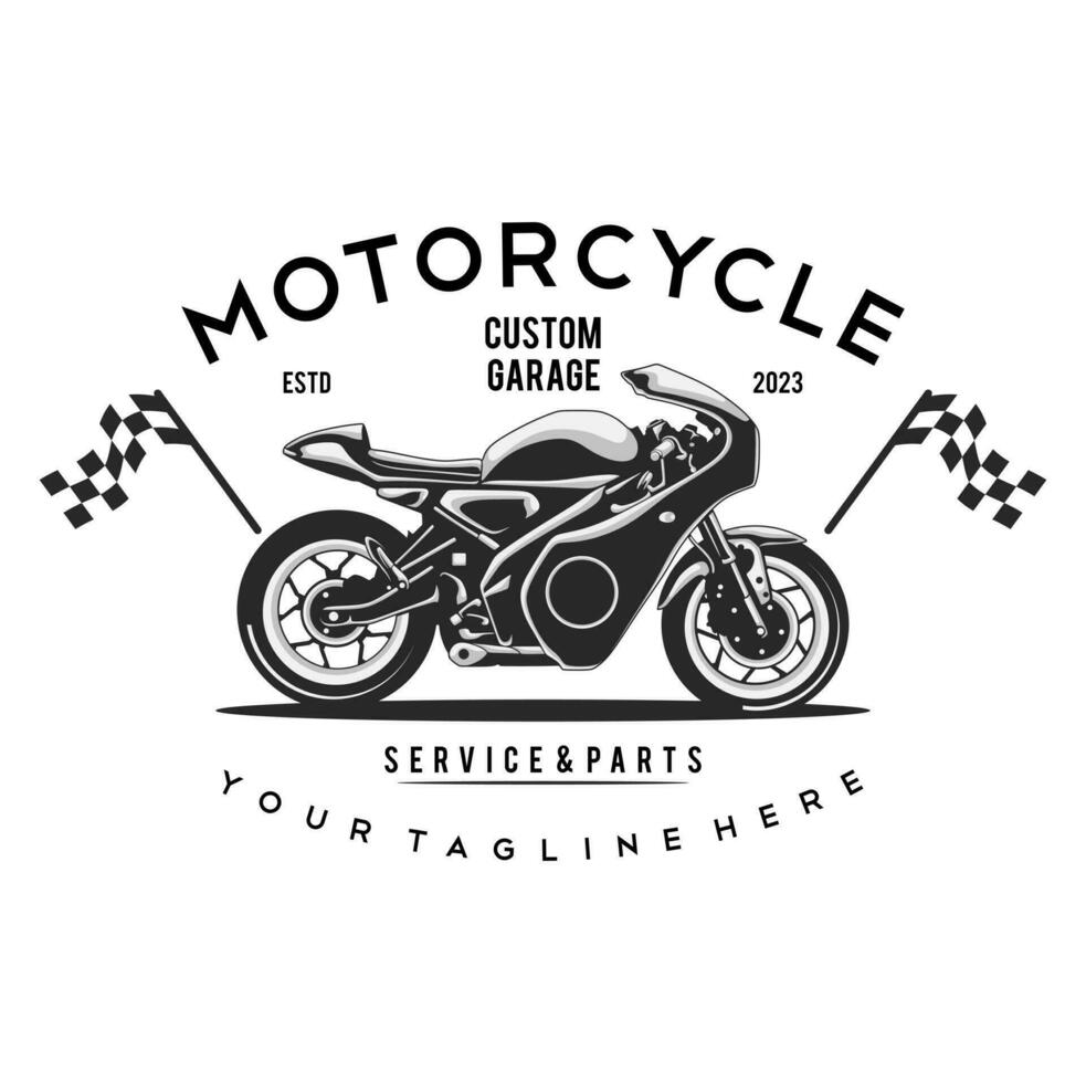 motorcycle custom garage illustration, motorcycle service and parts. vintage custom motorcycle emblems, labels, badges, logos, prints, templates. vector