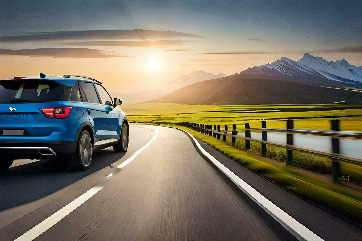 the blue 2020 suv driving on a road with mountains in the background. AI-Generated photo