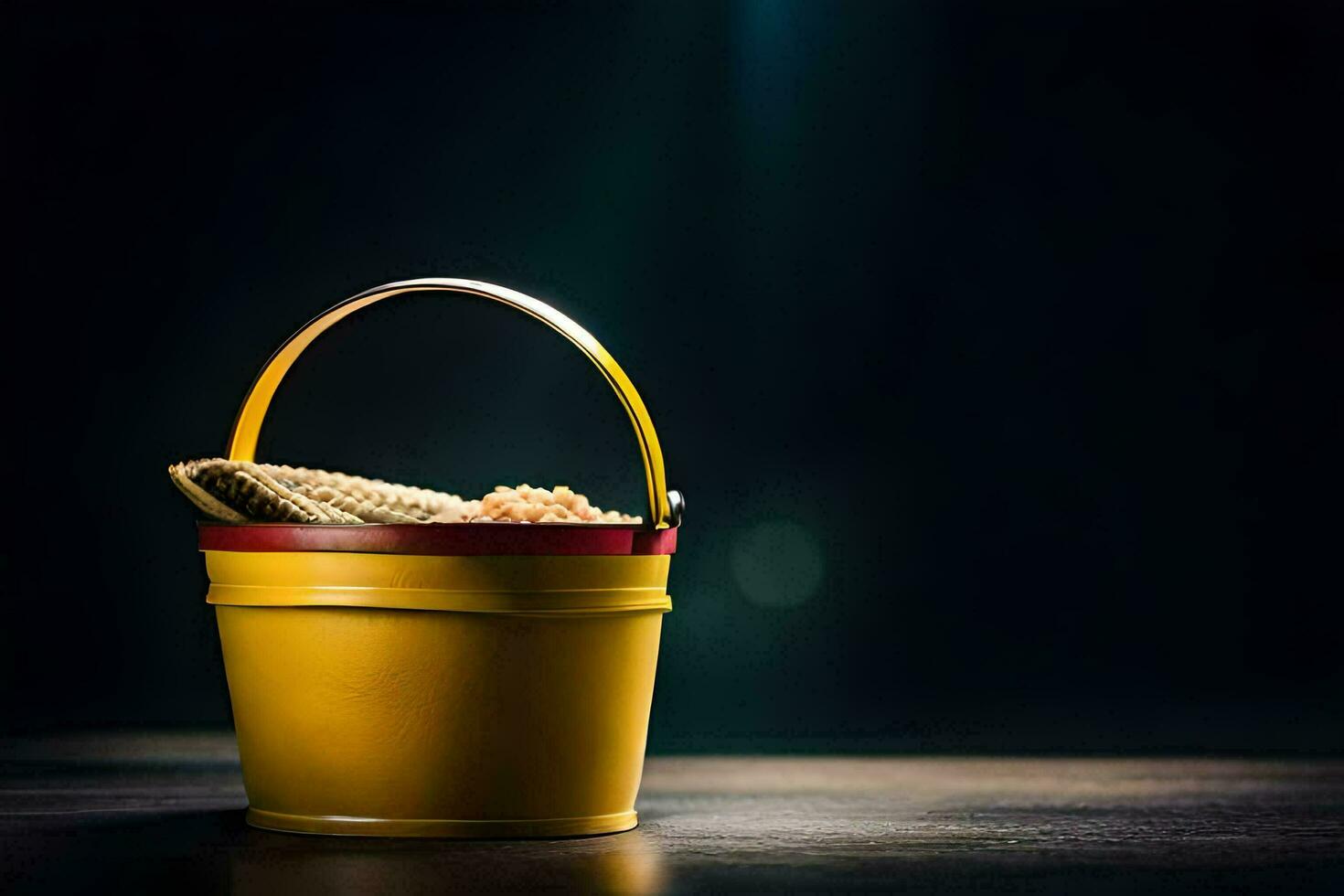 a bucket of sand on a table. AI-Generated photo