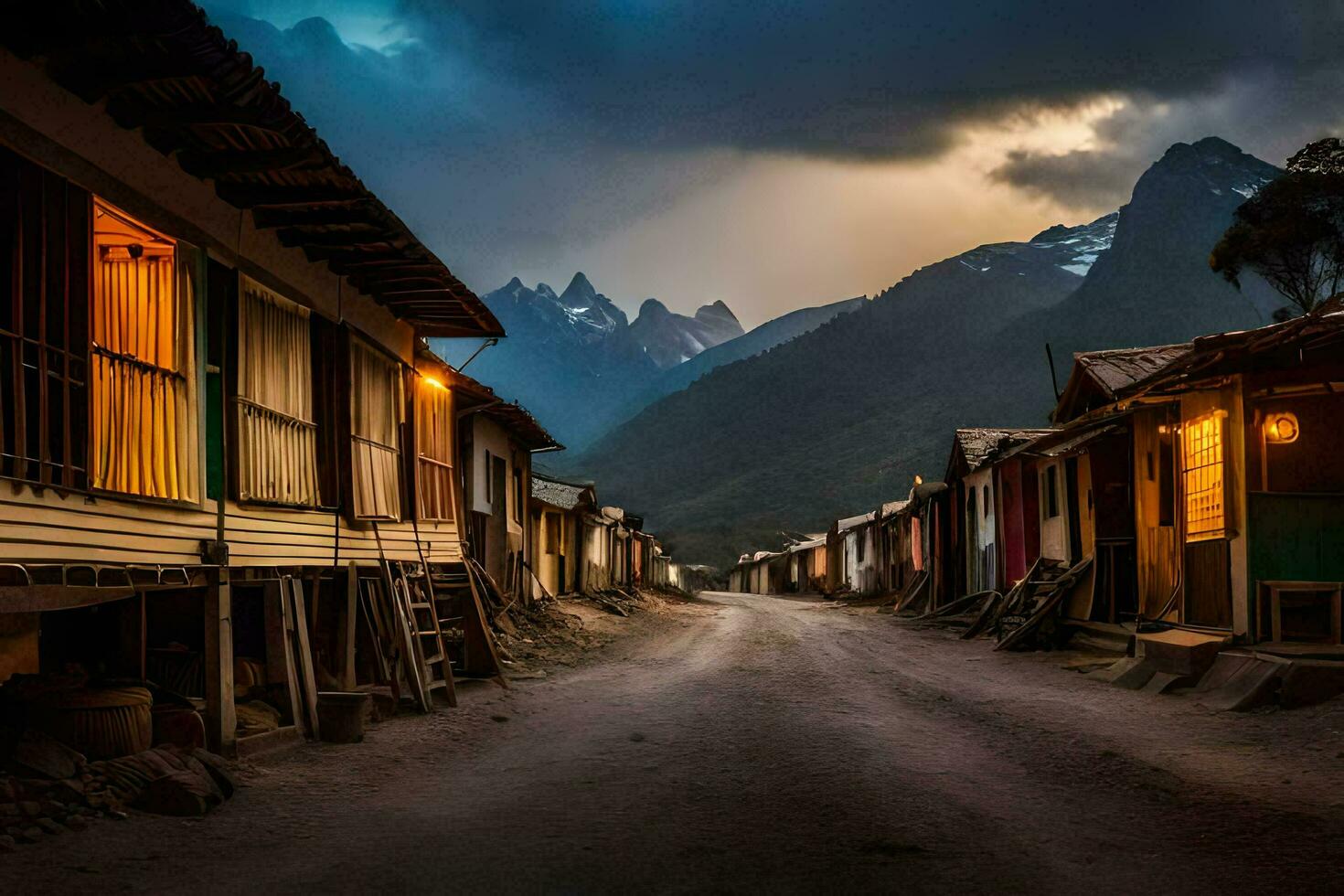 a dirt road in front of a mountain village. AI-Generated photo